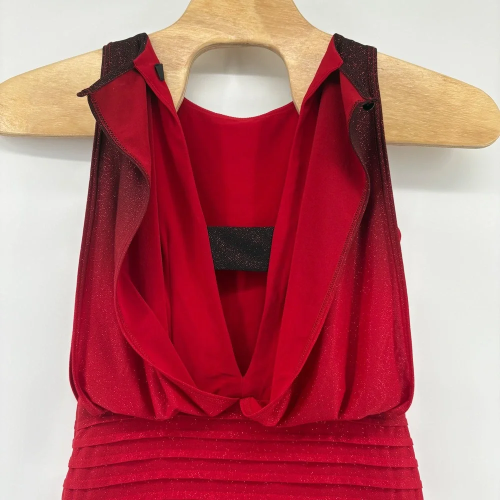 R&M Richards 8 Red Ombre Glitter Sleeveless Pleated Holiday Party Cocktail Dress